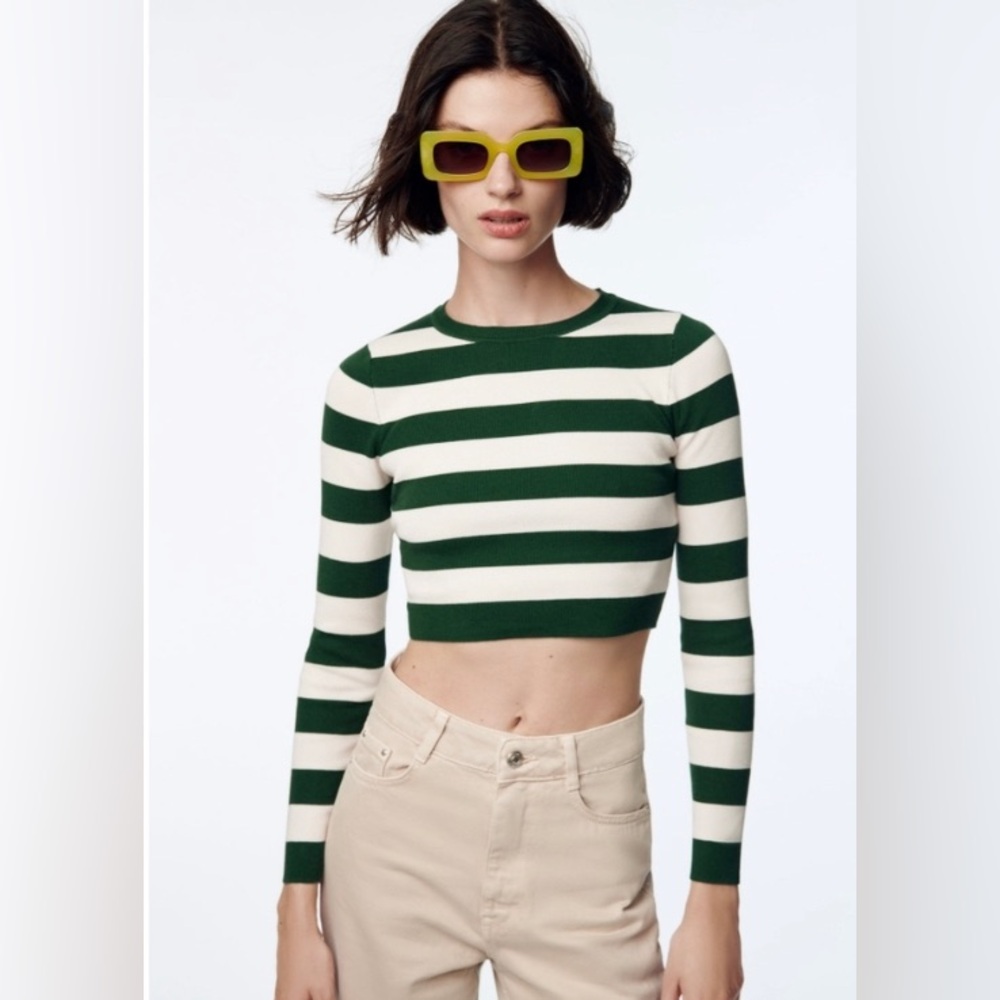 Zara Long Sleeve Stripe Cropped Crew Neck Stretchy Knit Green & White Sweater S